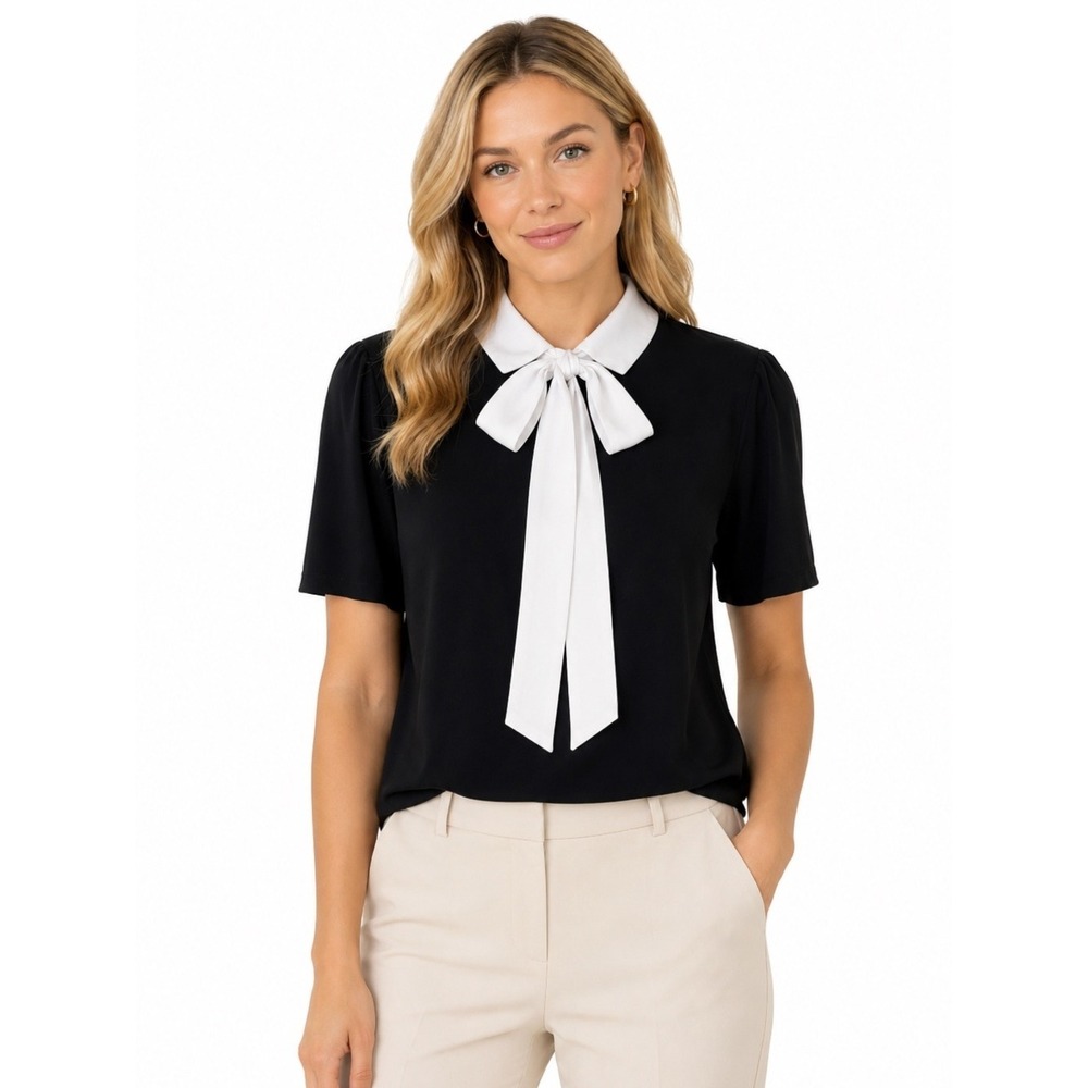 CeCe Black White Bow‎ Tie Neck Blouse Women's L Short Sleeve Career Top preppy